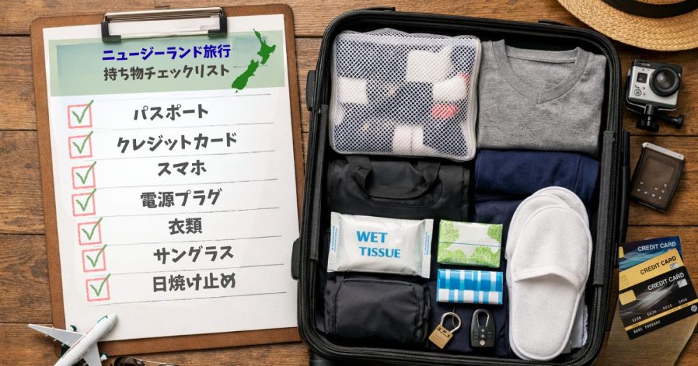 ニュージーランド旅行の持ち物チェックリストとスーツケースのパッキングの例