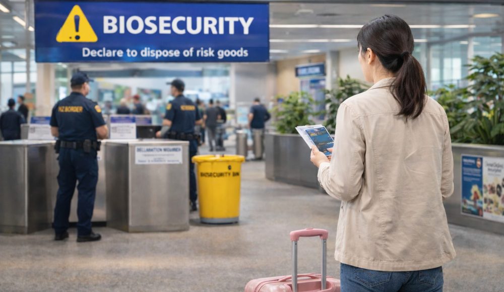 ニュージーランド空港の検疫エリアで申告前に確認する日本人旅行者の様子