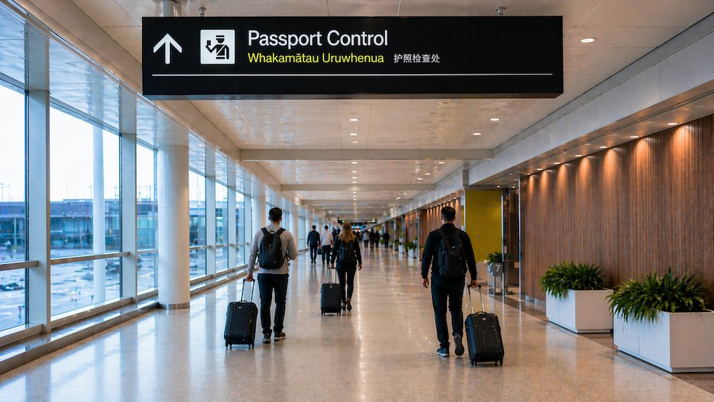 ニュージーランドの空港 到着通路 入国審査の案内表示と旅行者