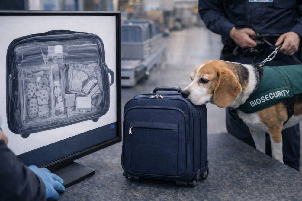 ニュージーランド空港で手荷物がX線検査と検疫犬によってチェックされる様子