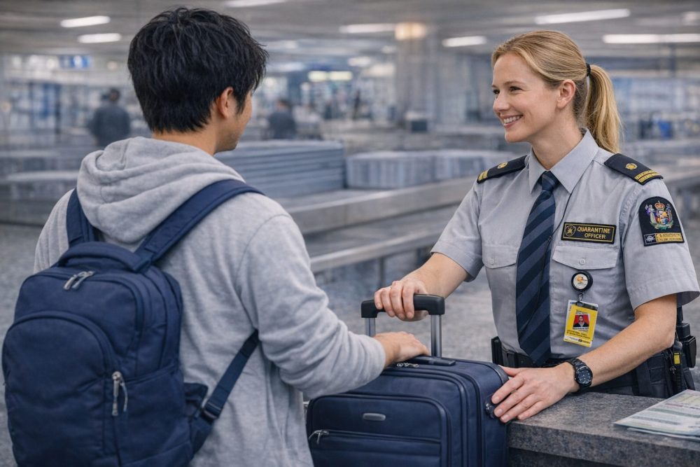 ニュージーランド空港の検疫カウンターで係員とやり取りする日本人旅行者の様子